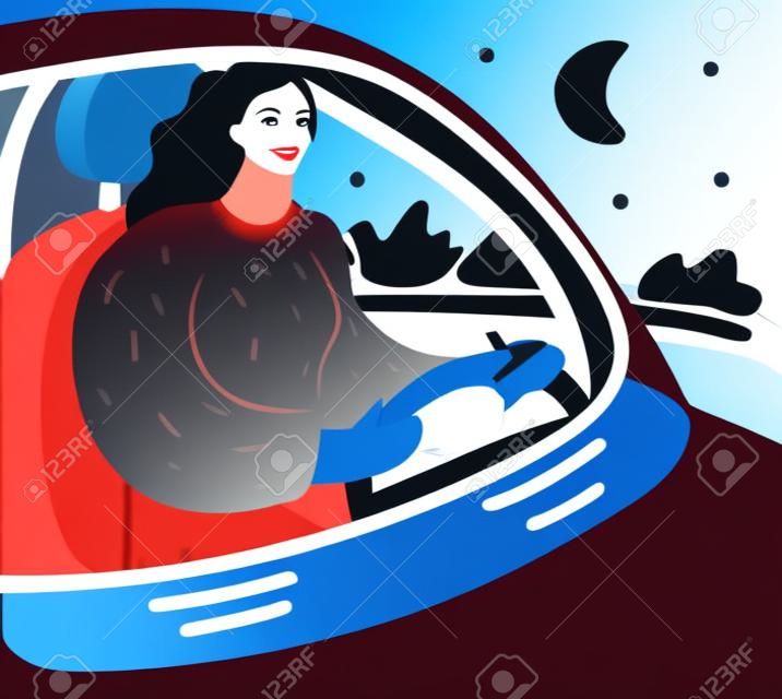 Vector cartoon illustration of business woman driving car at night. Close up view through front window.