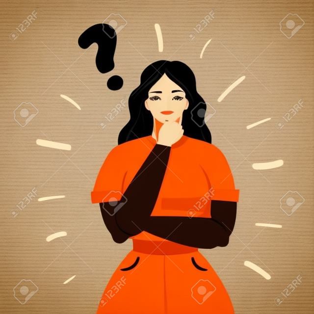 Vector cartoon illustration of woman and question mark. Pensive woman on white backround.