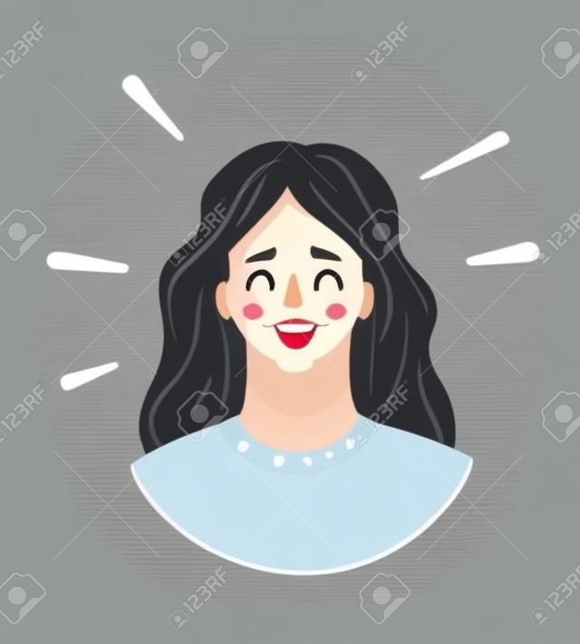 Ilustración de dibujos animados vector de mujer cara feliz loughing. Hermosa niña sonriendo.