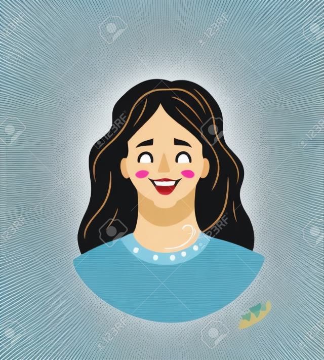 Vector ilustração dos desenhos animados da mulher feliz loving rosto. Menina bonita sorrindo.