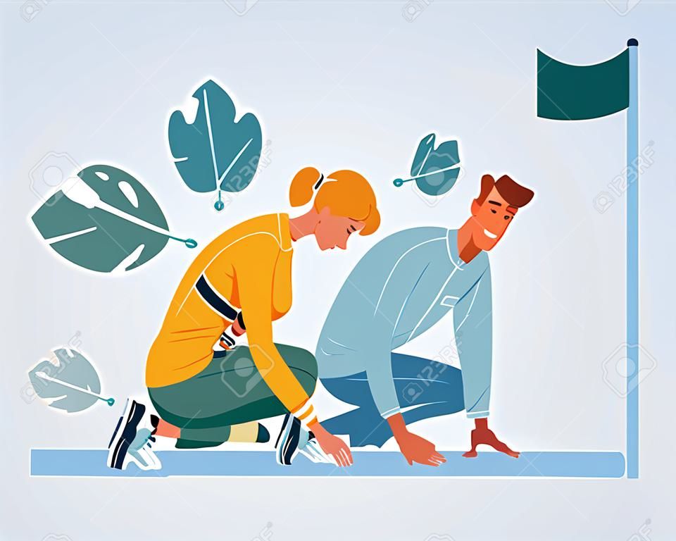 Cartoon-Vektor-Illustration von Mann und Frau, die beim Start in Startposition sitzen und bereit sind, auf der Rennstrecke zu sprinten. Wettbewerb. Charakter auf weißem Hintergrund.