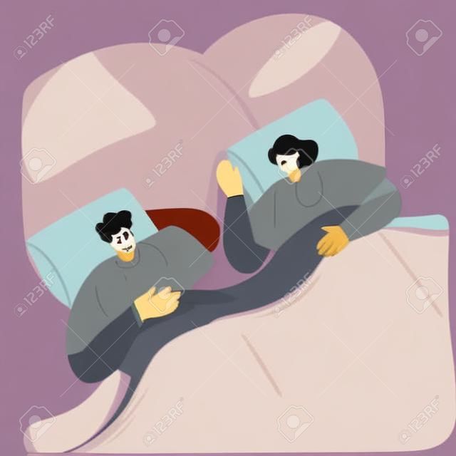 Cartoon vector illustration of couple in bathrobes sleeping in bed