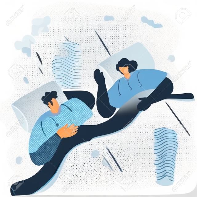 Cartoon vector illustration of couple in bathrobes sleeping in bed