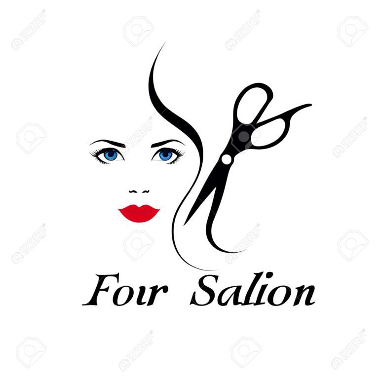 Contour   for beauty salon. Woman face and scissors. Vector illustration.