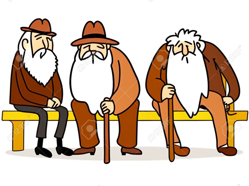 Funny three old men sitting on the bench. Old man with hat and walking cane. Sad grandfather with a long beard sitting on a bench. Old group talk. Colorful cartoon vector illustration on white background
