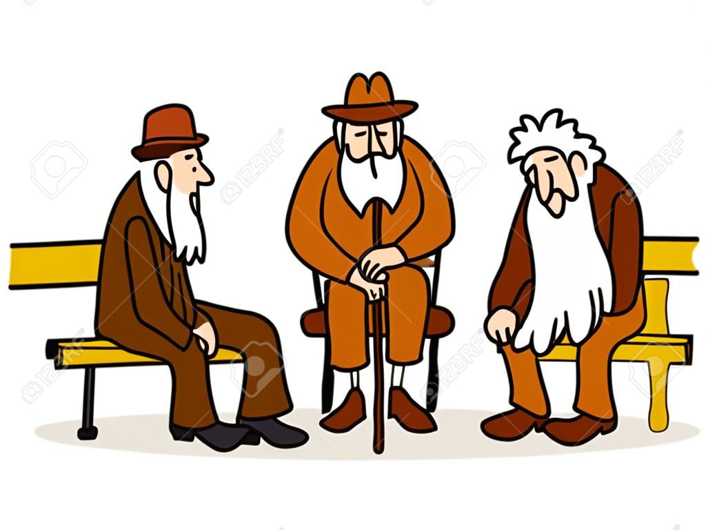 Funny three old men sitting on the bench. Old man with hat and walking cane. Sad grandfather with a long beard sitting on a bench. Old group talk. Colorful cartoon vector illustration on white background