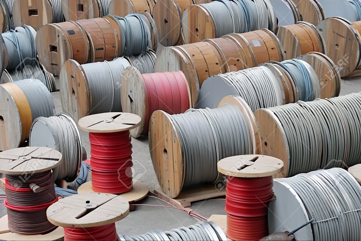 Cable storage yard with drums of cables