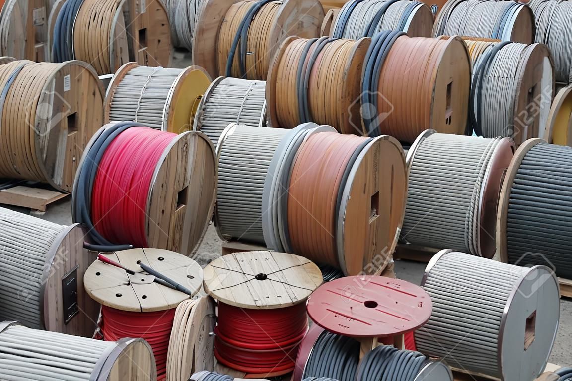Cable storage yard with drums of cables