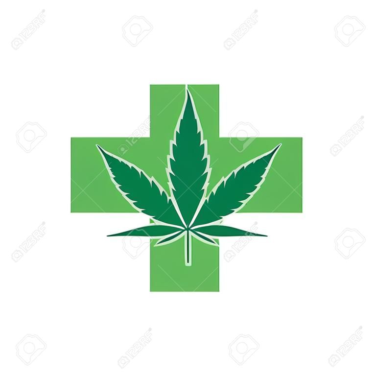 Marijuana leaf with Green Cross. Medical Cannabis. Icon Logo Template. Health and Medical therapy. Isolated vector illustration on white background.