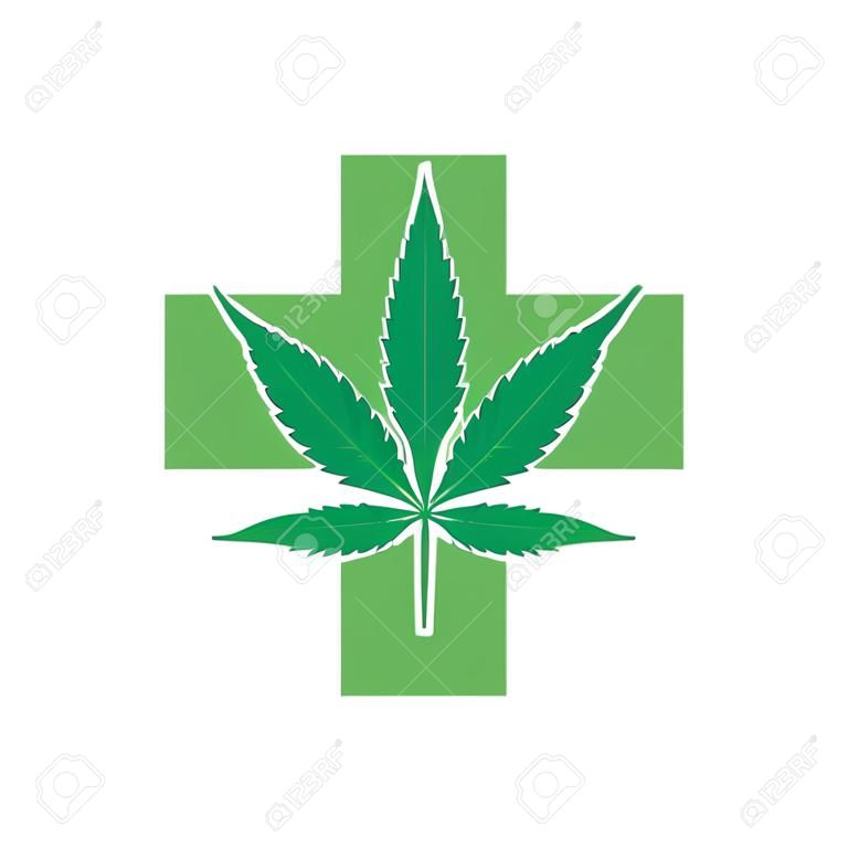 有綠色十字架的大麻葉子。醫用大麻。圖標徽標模板。保健和藥物治療。在白色背景的被隔絕的傳染媒介例證。