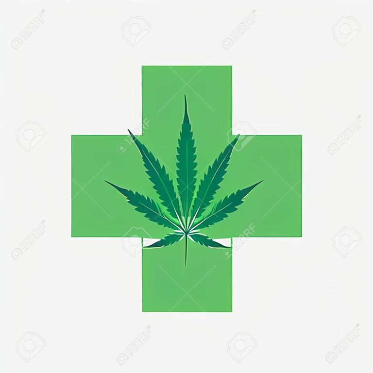 有綠色十字架的大麻葉子。醫用大麻。圖標徽標模板。保健和藥物治療。在白色背景的被隔絕的傳染媒介例證。