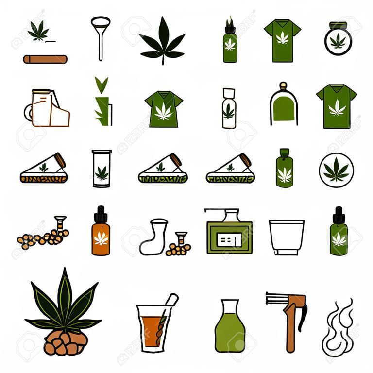 Icone di cannabis. Set di icone di marijuana medica. Consumo di droga. Legalizzazione della marijuana. Illustrazione vettoriale isolato su sfondo bianco.