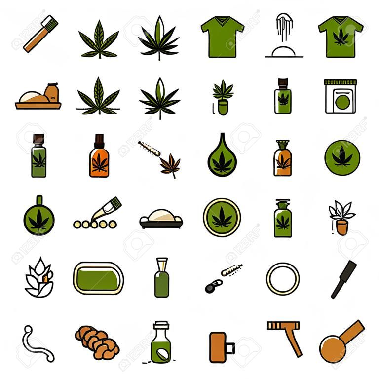 Icônes de cannabis. Ensemble d'icônes de marijuana médicale. Consommation de drogue. Légalisation de la marijuana. Illustration vectorielle isolé sur fond blanc.