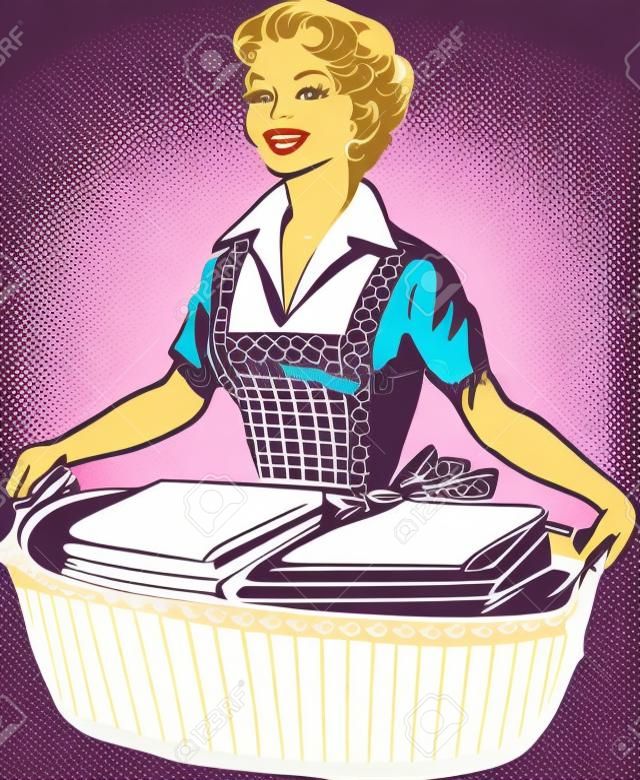 Счастливая домохозяйка, ретро векторная иллюстрация