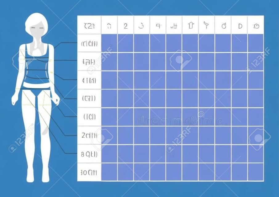 Диаграмма измерения параметров тела для отслеживания спорт и диета эффект. Пустая потеря веса таблицы макета. Грудь, талия, бедра, руки, бедра запись измерений. Фигура девушки, модель в спортивной одежде. Векторная иллюстрация.