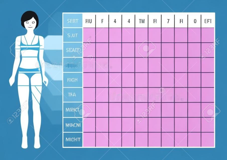 Measurement chart of body parameters for sport and diet effect tracking. Blank weight loss table layout. Chest, waist, hips, arms, thighs measurements recording. Figure of the girl, model in sportswear. Vector illustration.