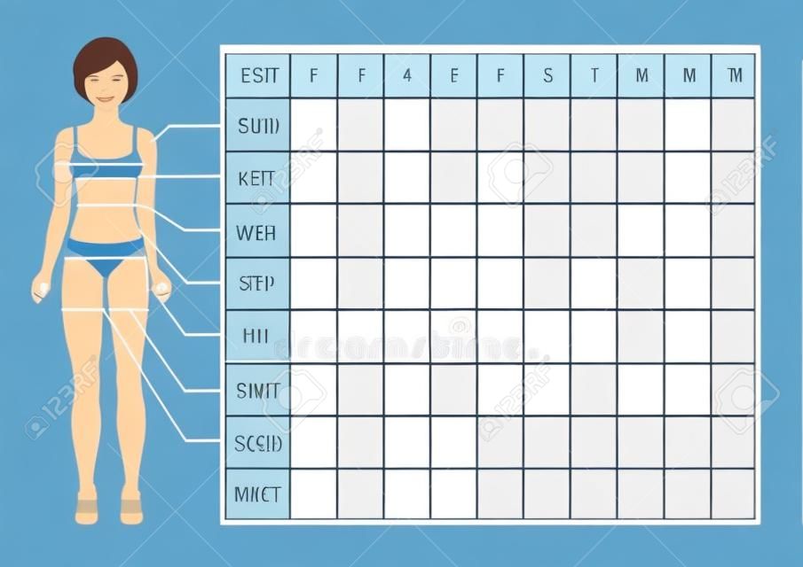 車身參數運動和飲食效果的跟踪測量圖。空白減肥表格佈局。胸部，腰部，臀部，手臂，大腿的測量記錄。女孩的身影，在運動模式。矢量插圖。