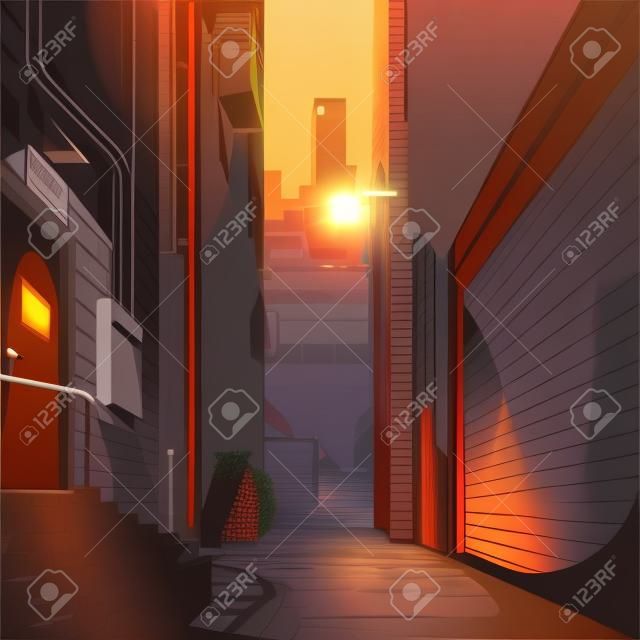 Beco no fundo da ilustração vetorial do pôr-do-sol