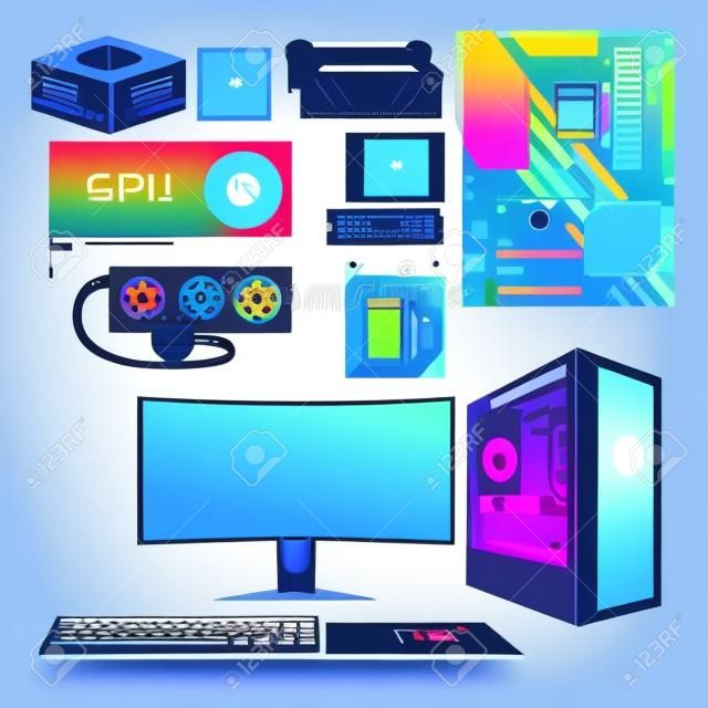 Gaming PC set vector illustration for infographic or design elements