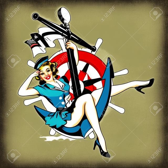 Sailorette pin up girl WW2 vintage art vector illustration,.all layers are unlocked including the uniform. all layers are editable due to the vector format flexibility.