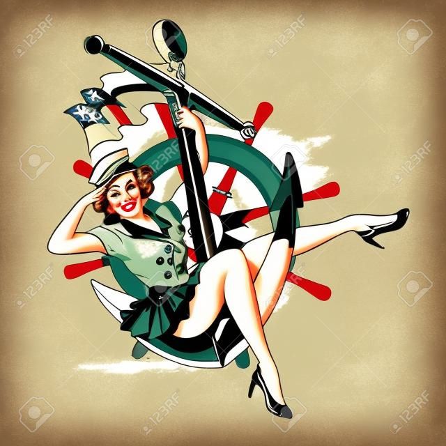 Sailorette pin up girl WW2 vintage art vector illustration,.all layers are unlocked including the uniform. all layers are editable due to the vector format flexibility.