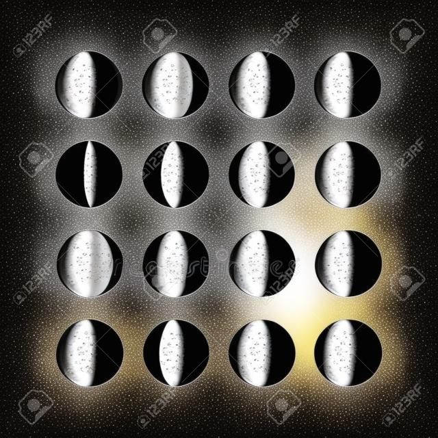 Ikony fazy księżyca. Astronomiczne fazy księżycowe. Cały cykl od nowego księżyca do księżyca w pełni. Znaki półksiężycowe i gibbous. Wektor eps8 ilustracji.