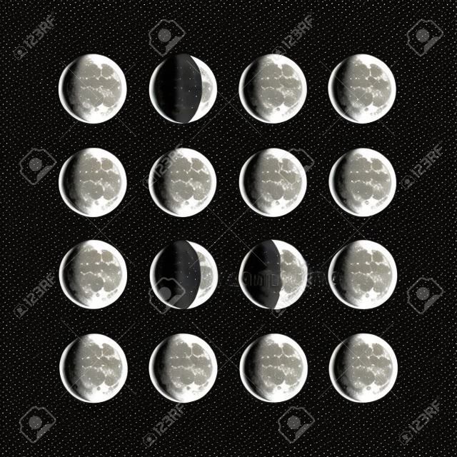 Maanfasen iconen. Astronomie maanfasen. Hele cyclus van nieuwe maan tot volle maan. Halvemaan en gibbous tekens. Vector eps8 illustratie.
