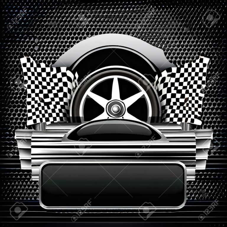 Racing emblem, crossed checkered flags, wheel & text on black, vector illustration 