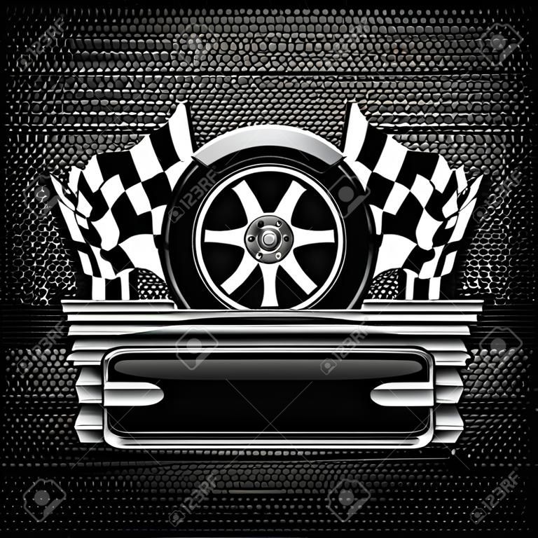 Racing emblem, crossed checkered flags, wheel & text on black, vector illustration 