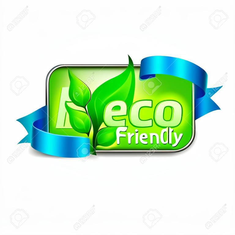 Eco friendly label, leaves and text, vector illustration