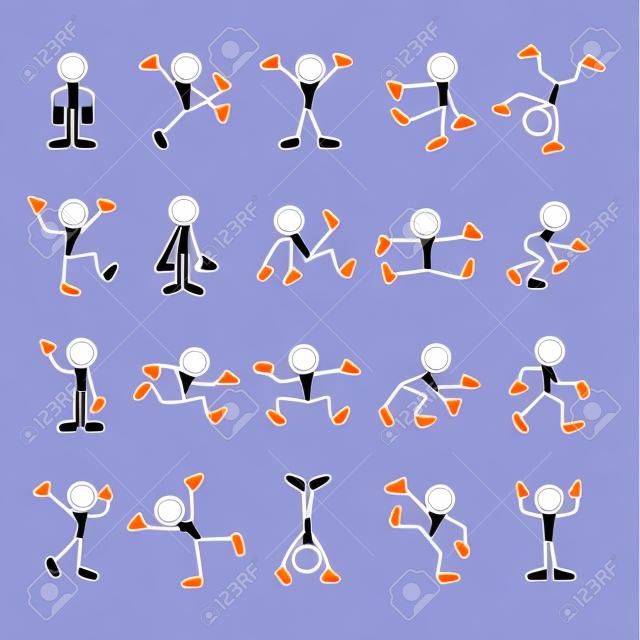 Collection de figures mobiles linéaires de bâton avec différentes poses, signe de symbole d'icône humaine, illustration vectorielle