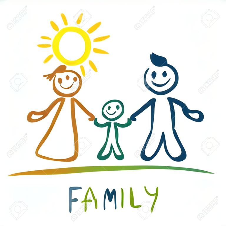 Happy family stick figures, main dessinée famille tenant la main ensemble sur blanc, illustration vectorielle