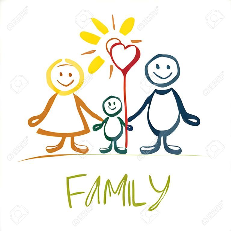 Happy family stick figures, hand drawn family holding hands together on white, vector illustration