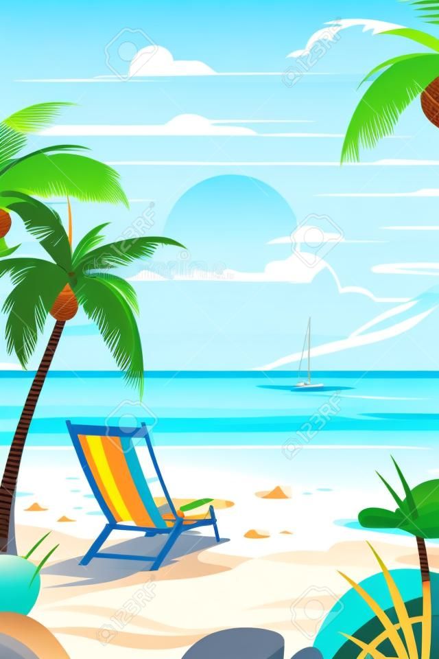 Tropical beach with palm trees and deck chair vector illustration.