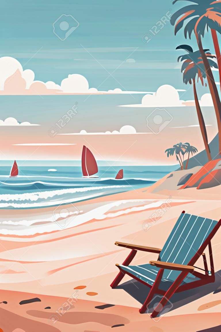 Beach with deck chairs and palm trees. Vector cartoon illustration.
