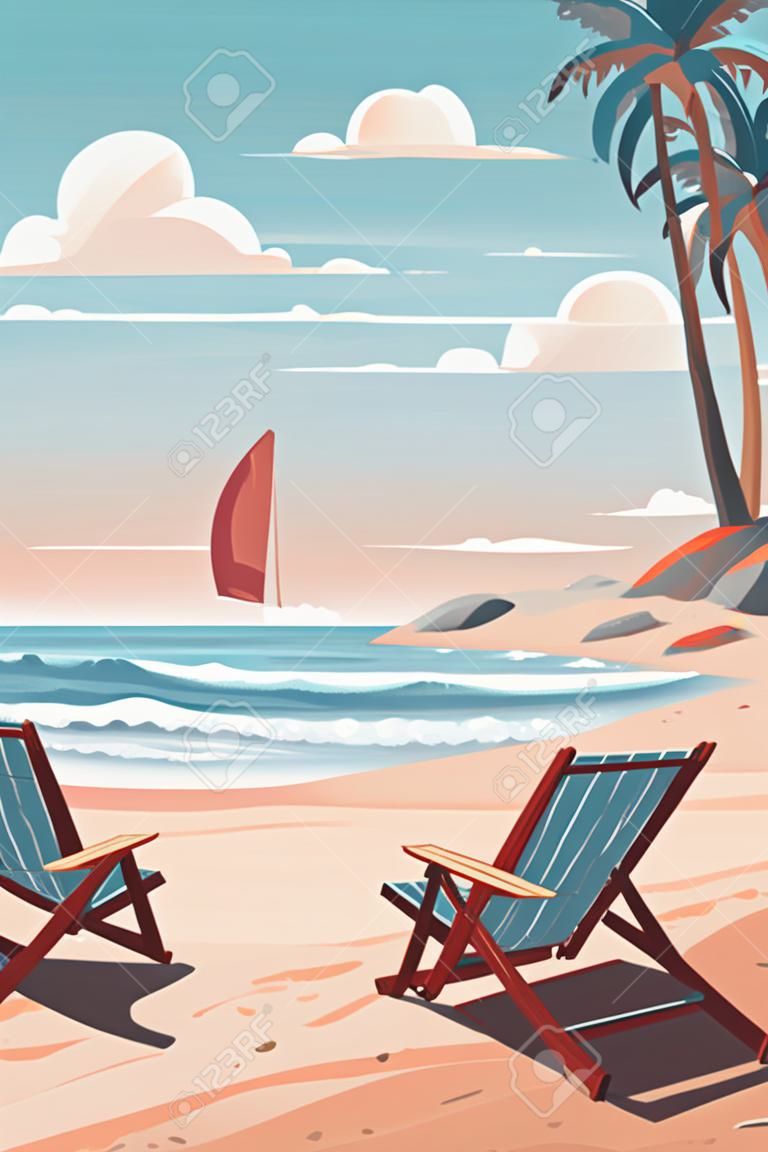 Playa con tumbonas y palmeras. ilustración de dibujos animados vectoriales.