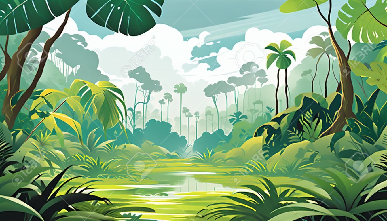 Tropical jungle landscape background. Vector illustration in cartoon style.