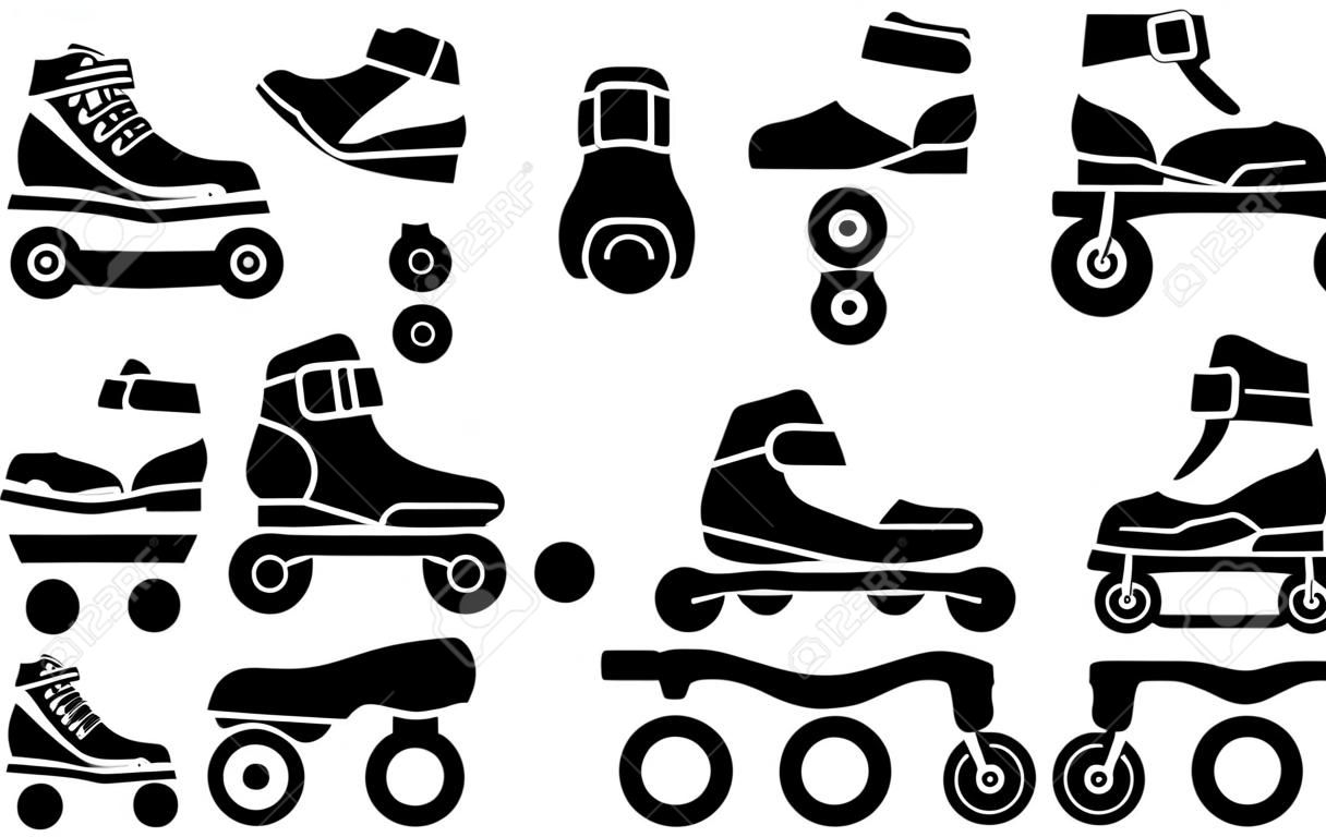 Set di icone di pattini a rotelle in linea isolate su priorità bassa bianca. Illustrazione vettoriale di sagoma