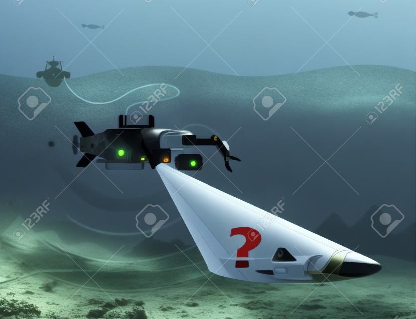 Zdalne sterowane podwodne poszukiwania robota dla szczątków samolotów, statków lub więcej. Edytowalne Cliparty.