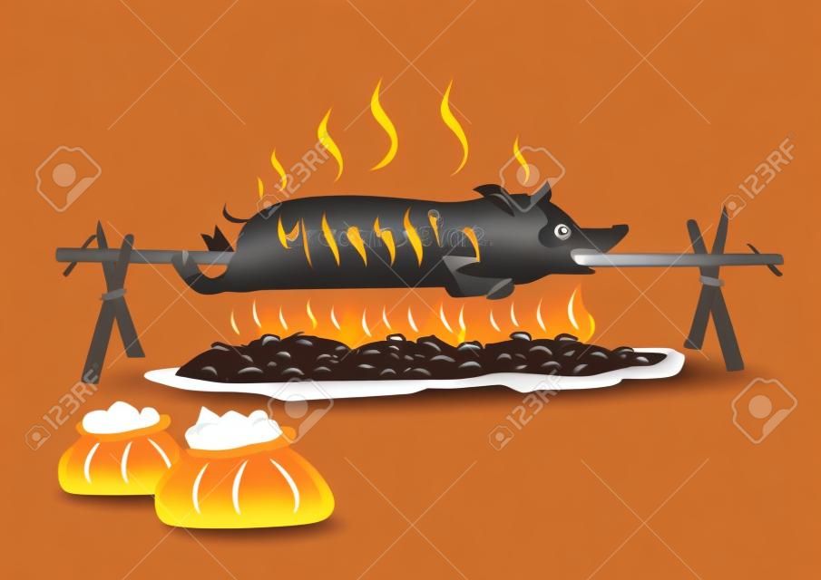 Lechon ou Suckling Pig em um pau ou vara rotativa é assado sobre um carvão ardente. Clip art editável.