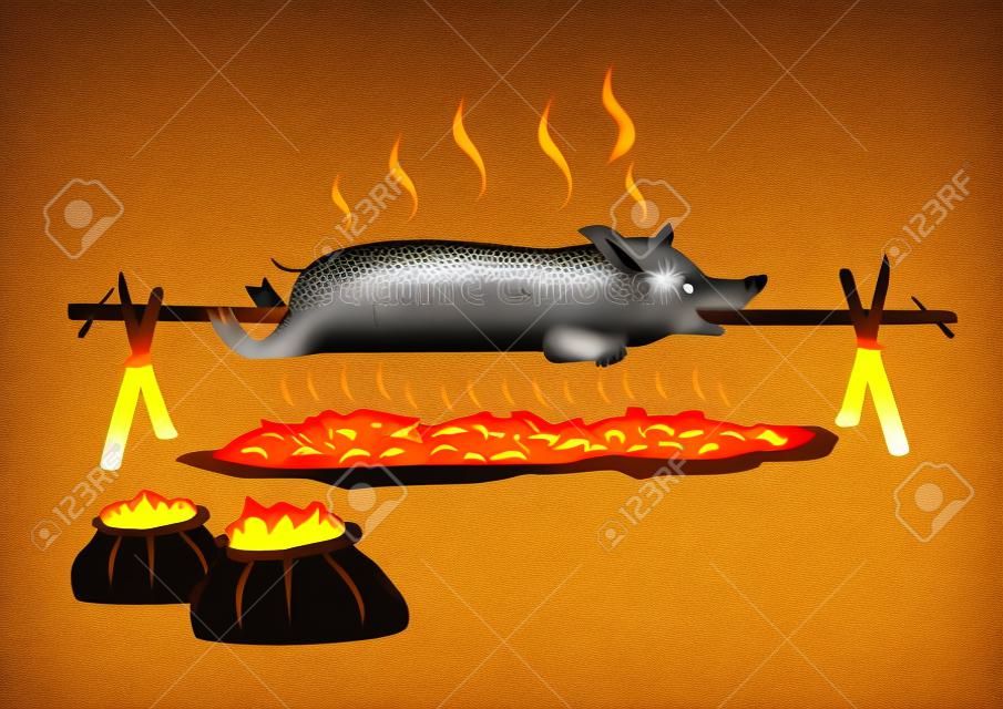 Lechon o Suckling Pig su un bastone di rotazione o un palo è arrosto su un carbone ardente. ClipArt modificabile.