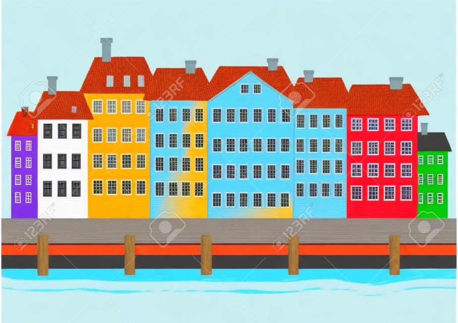 보트 선착장이나 항구를 따라 다채로운 주택입니다. 덴마크 코펜하겐의 그림 하븐 (Nyhavn) 해안가 지역. 편집 가능한 클립 아트.