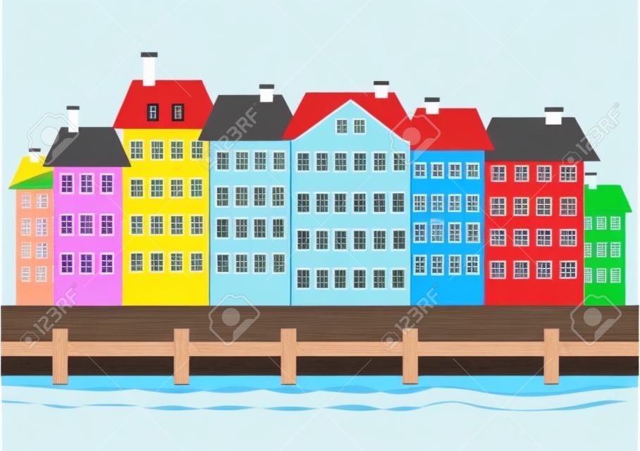 Bunte Häuser entlang einer Bootssteg oder den Hafen. Hafenviertel Nyhavn in Kopenhagen Dänemark Illustration. Editierbare Clip Art.