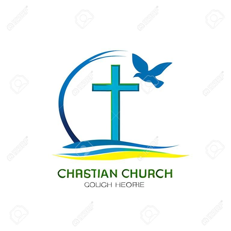 Christliches Kirchenlogo-Design mit Kreuz und Taube