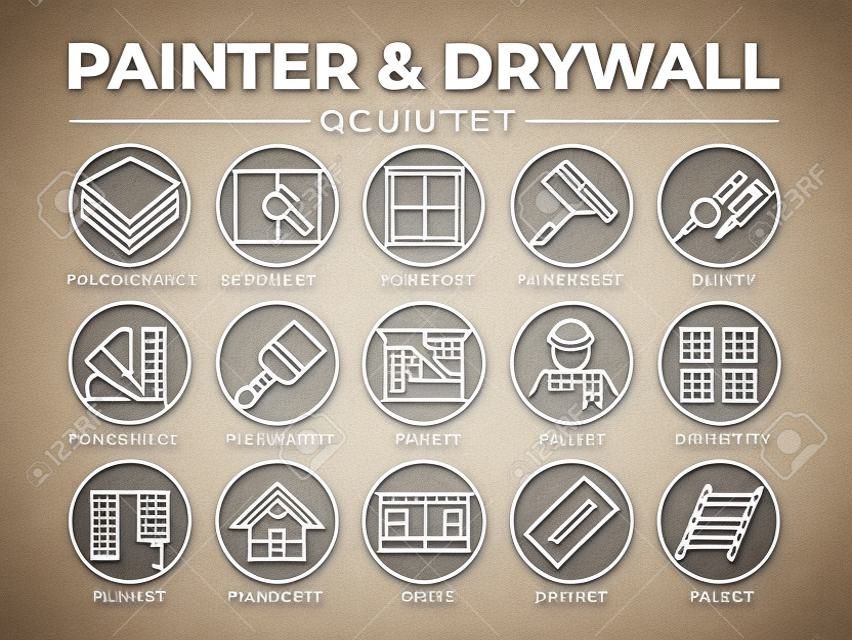Painter and Drywall Round Outline Icon Set