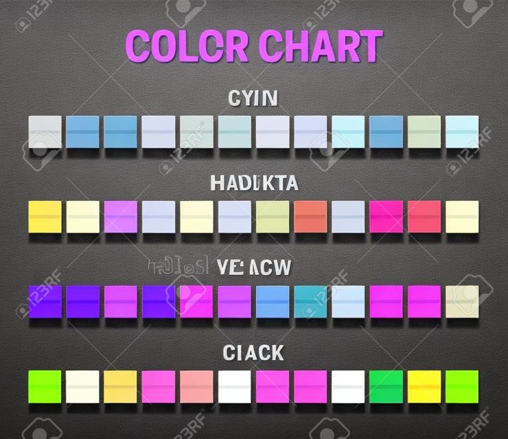 Ilustracja odcieni kolorów cmyk z szesnastkowym kodem html i nazwami kolorów