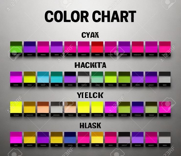 Illustrazione delle sfumature di colore CMYK con codici html esadecimali e nomi dei colori