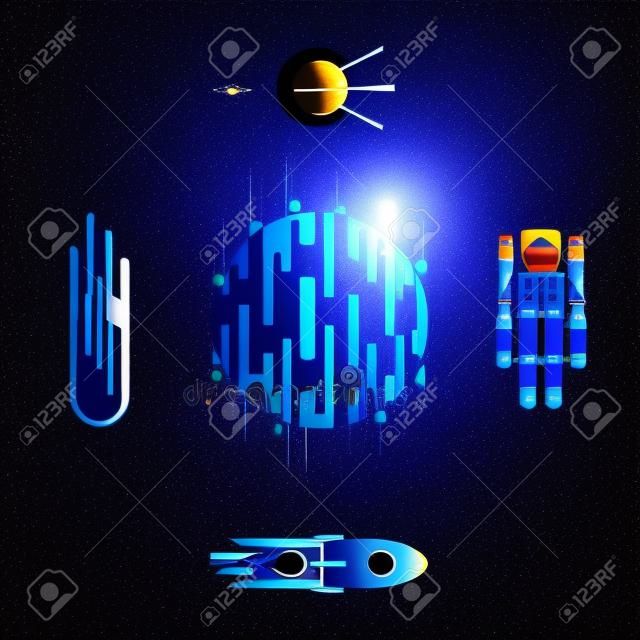 Vektoros illusztráció sci-fi bolygó, rakéta, űrhajós, űr műholdas és meteor vagy üstökös az űrben. Absztrakt kozmikus objektumok körül digitális kék bolygó csöpög lapos stílusban