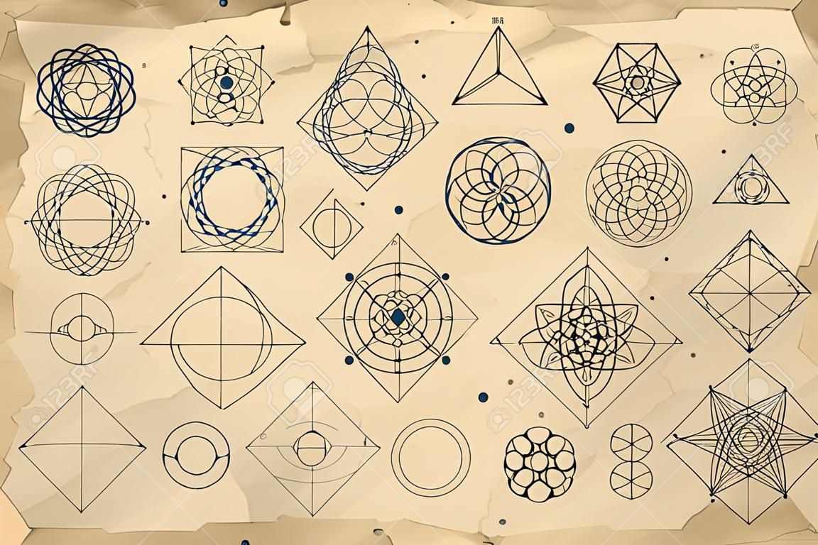 Coleção de signos geométricos abstratos desenhados para uma textura de papel vintage antiga