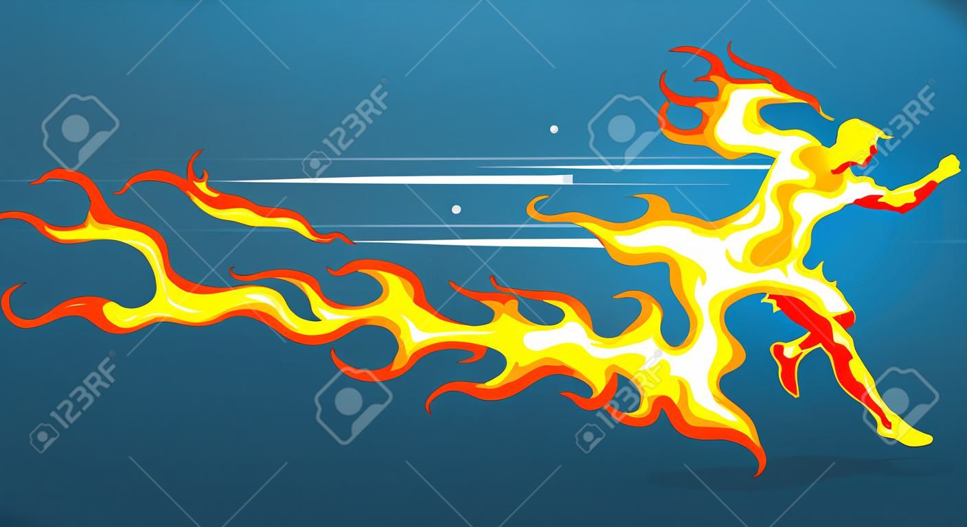 Unisex human character silhouette running in flames. Vector illustration